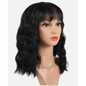 Black Wavy Bob Wig w/ Bangs – Natural-Looking Synthetic Hair, Heat-Resistant NEW